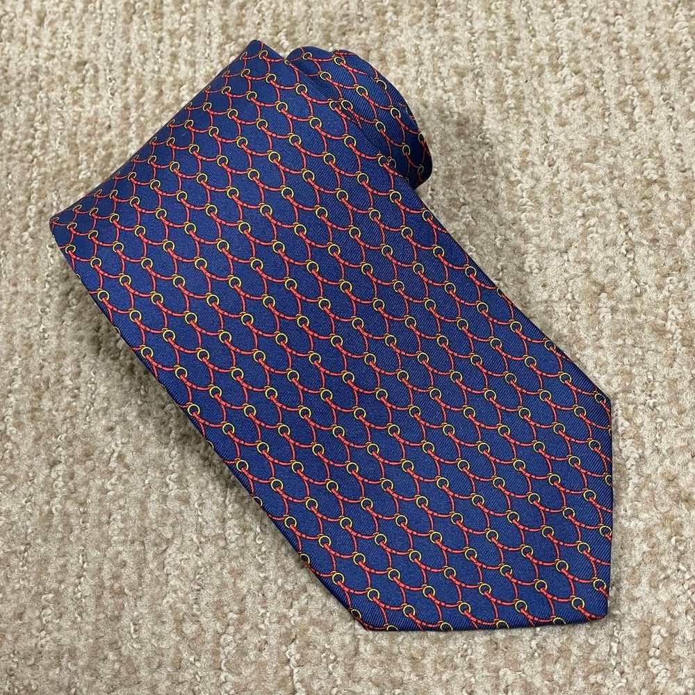 Brooks Brothers Silk Tie Mens Blue Red Gold Chain Link Excellent USAsee Preppy